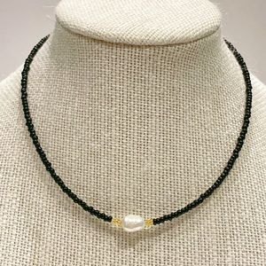 Handmade black glass seed bead & fresh water Pearl necklace